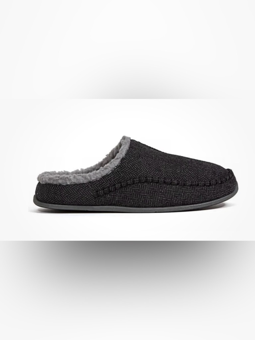 Men's Charcoal Herringbone Slip-On Mule with Plush Collar